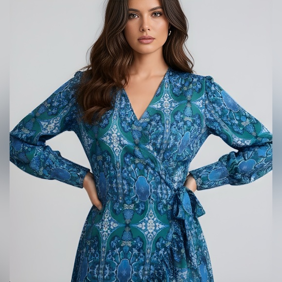 Boho Floral Print Knot Side Ruffle Hem Wrap Dress - Picture 2 of 9
